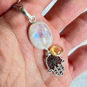 925 Hamsa 🪬 Rainbow Flash Moonstone + Citrine Pendant Necklace